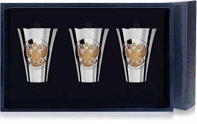 536НБ00802 Набор серебряных стопок «Герб» с золочением из 3 предметов в подарочном футляре